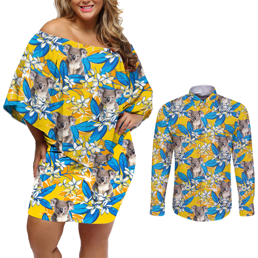 Koala Couples Matching Off Shoulder Short Dress and Long Sleeve Button Shirt Plumeria Flowers