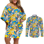 Koala Couples Matching Off Shoulder Short Dress and Long Sleeve Button Shirt Plumeria Flowers