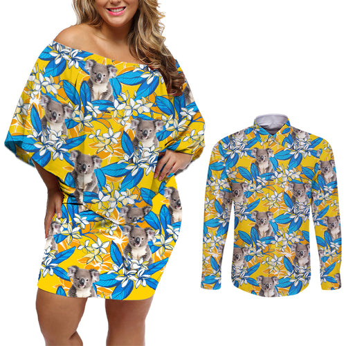 Koala Couples Matching Off Shoulder Short Dress and Long Sleeve Button Shirt Plumeria Flowers