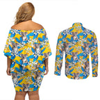 Koala Couples Matching Off Shoulder Short Dress and Long Sleeve Button Shirt Plumeria Flowers