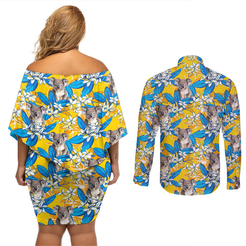 Koala Couples Matching Off Shoulder Short Dress and Long Sleeve Button Shirt Plumeria Flowers