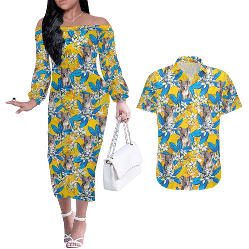 Koala Couples Matching Off The Shoulder Long Sleeve Dress and Hawaiian Shirt Plumeria Flowers