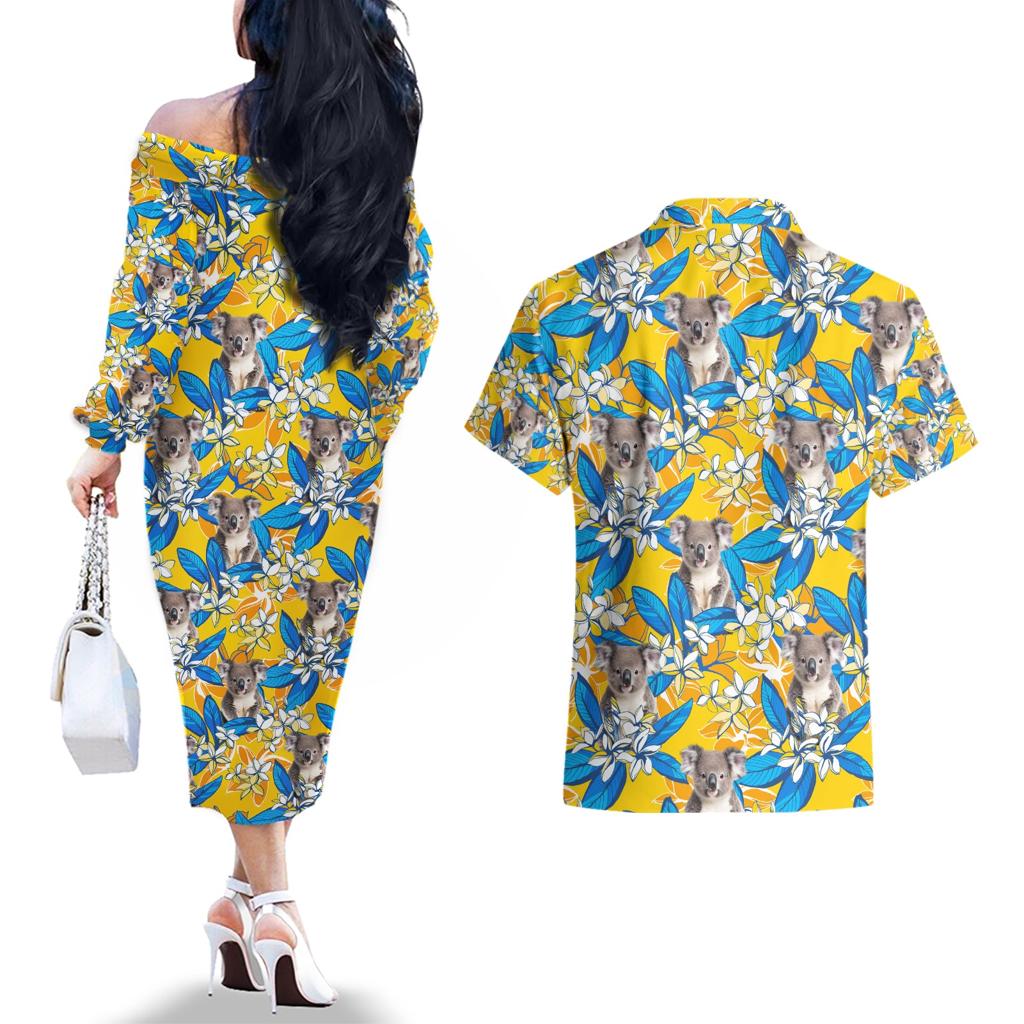 Koala Couples Matching Off The Shoulder Long Sleeve Dress and Hawaiian Shirt Plumeria Flowers