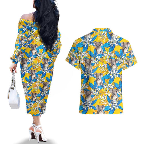 Koala Couples Matching Off The Shoulder Long Sleeve Dress and Hawaiian Shirt Plumeria Flowers
