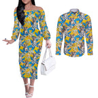Koala Couples Matching Off The Shoulder Long Sleeve Dress and Long Sleeve Button Shirt Plumeria Flowers