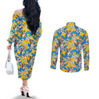 Koala Couples Matching Off The Shoulder Long Sleeve Dress and Long Sleeve Button Shirt Plumeria Flowers