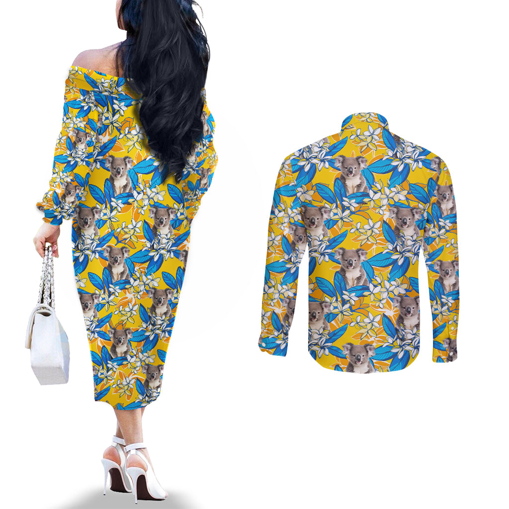 Koala Couples Matching Off The Shoulder Long Sleeve Dress and Long Sleeve Button Shirt Plumeria Flowers