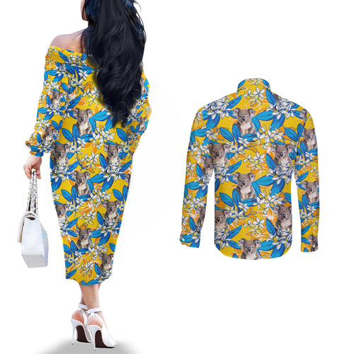 Koala Couples Matching Off The Shoulder Long Sleeve Dress and Long Sleeve Button Shirt Plumeria Flowers
