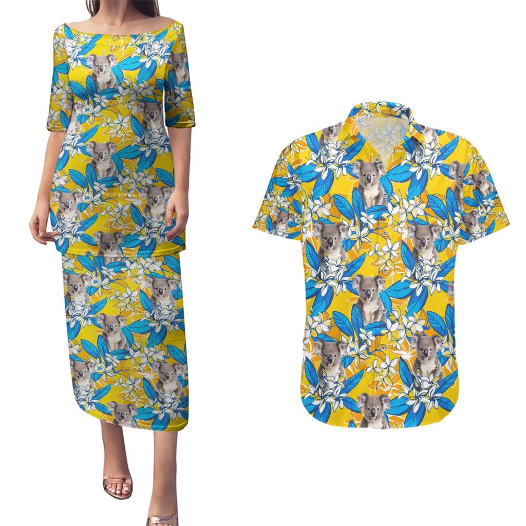 Koala Couples Matching Puletasi and Hawaiian Shirt Plumeria Flowers