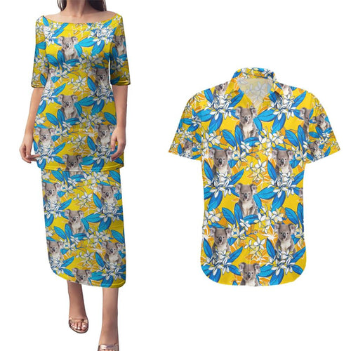 Koala Couples Matching Puletasi and Hawaiian Shirt Plumeria Flowers