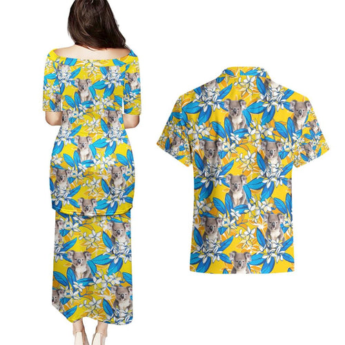 Koala Couples Matching Puletasi and Hawaiian Shirt Plumeria Flowers