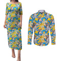 Koala Couples Matching Puletasi and Long Sleeve Button Shirt Plumeria Flowers