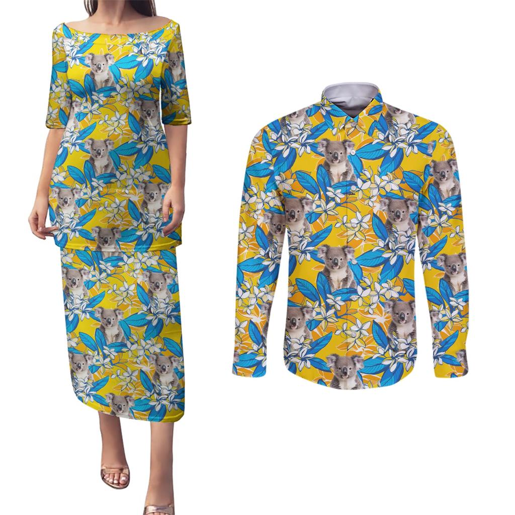 Koala Couples Matching Puletasi and Long Sleeve Button Shirt Plumeria Flowers