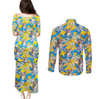 Koala Couples Matching Puletasi and Long Sleeve Button Shirt Plumeria Flowers