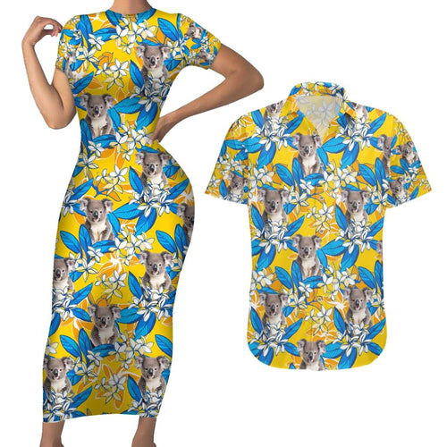 Koala Couples Matching Short Sleeve Bodycon Dress and Hawaiian Shirt Plumeria Flowers