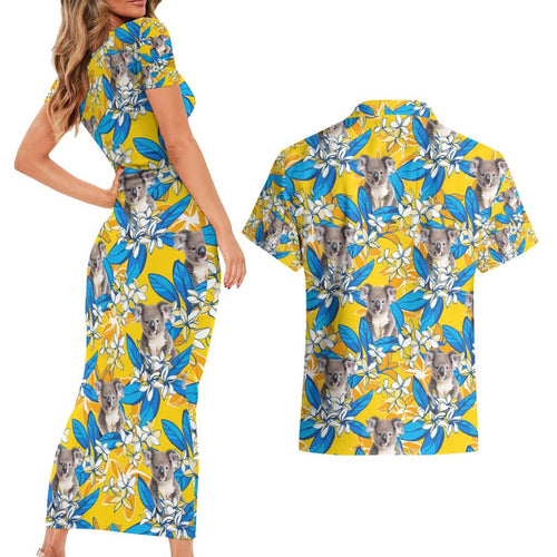 Koala Couples Matching Short Sleeve Bodycon Dress and Hawaiian Shirt Plumeria Flowers