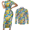 Koala Couples Matching Short Sleeve Bodycon Dress and Long Sleeve Button Shirt Plumeria Flowers