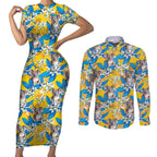 Koala Couples Matching Short Sleeve Bodycon Dress and Long Sleeve Button Shirt Plumeria Flowers