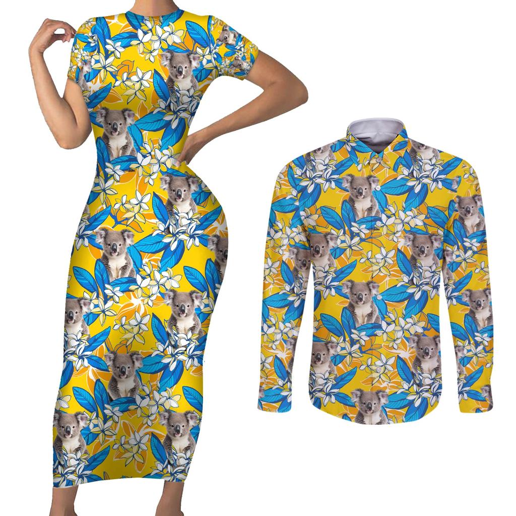Koala Couples Matching Short Sleeve Bodycon Dress and Long Sleeve Button Shirt Plumeria Flowers