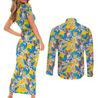 Koala Couples Matching Short Sleeve Bodycon Dress and Long Sleeve Button Shirt Plumeria Flowers