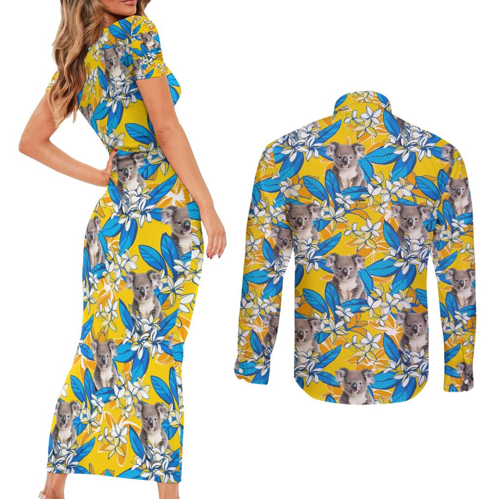 Koala Couples Matching Short Sleeve Bodycon Dress and Long Sleeve Button Shirt Plumeria Flowers