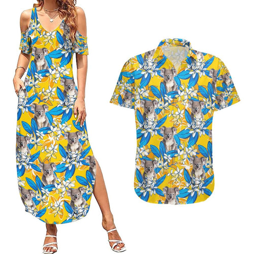 Koala Couples Matching Summer Maxi Dress and Hawaiian Shirt Plumeria Flowers