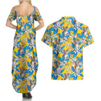 Koala Couples Matching Summer Maxi Dress and Hawaiian Shirt Plumeria Flowers