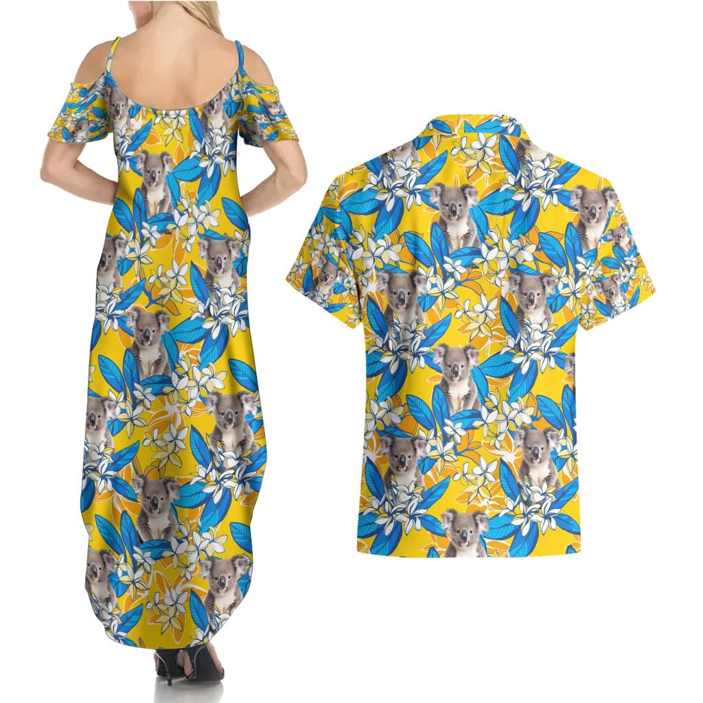 Koala Couples Matching Summer Maxi Dress and Hawaiian Shirt Plumeria Flowers
