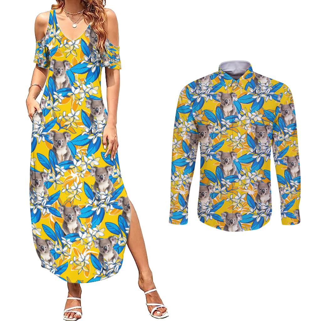 Koala Couples Matching Summer Maxi Dress and Long Sleeve Button Shirt Plumeria Flowers