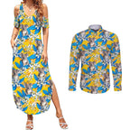 Koala Couples Matching Summer Maxi Dress and Long Sleeve Button Shirt Plumeria Flowers