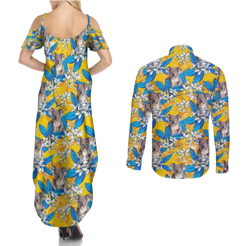 Koala Couples Matching Summer Maxi Dress and Long Sleeve Button Shirt Plumeria Flowers