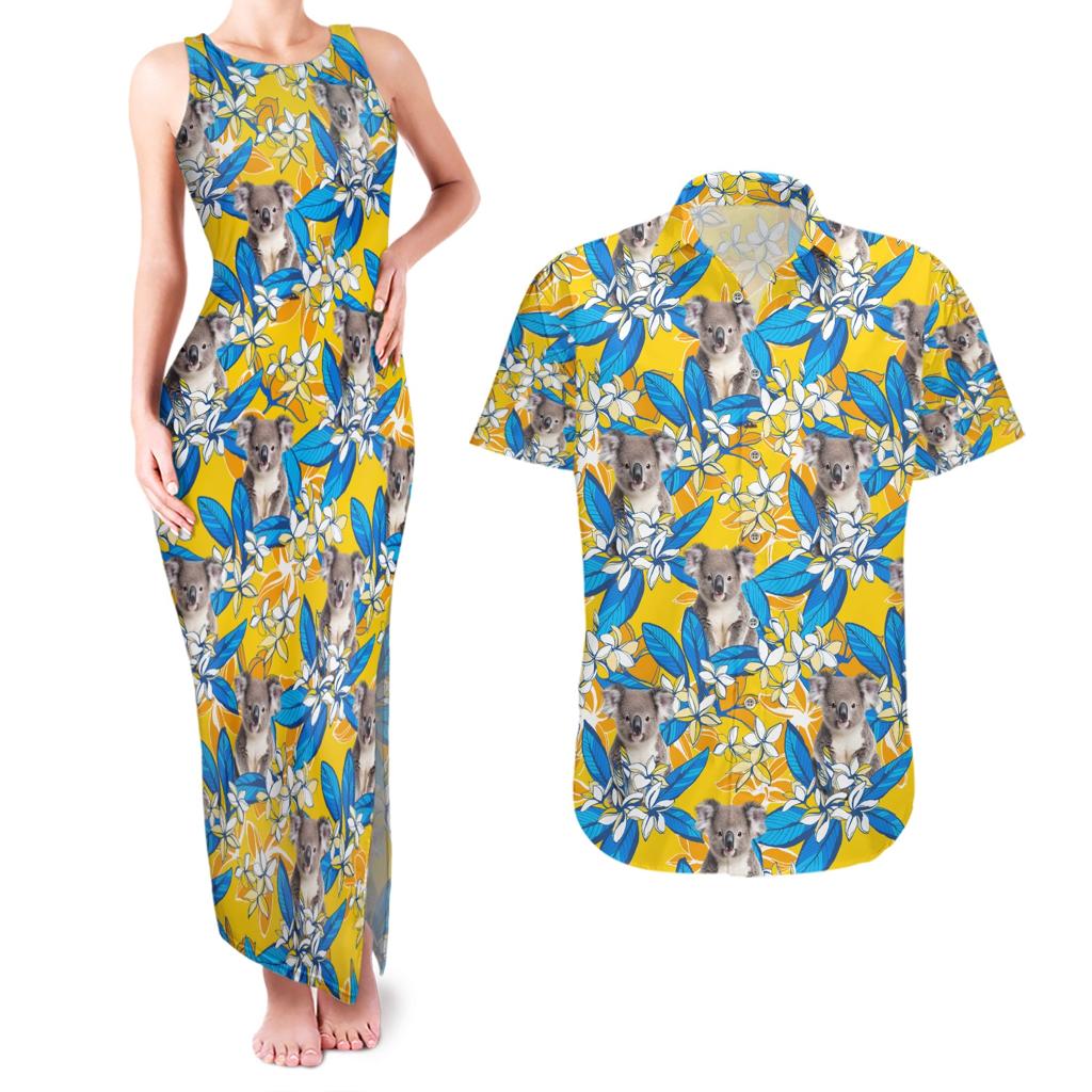 Koala Couples Matching Tank Maxi Dress and Hawaiian Shirt Plumeria Flowers