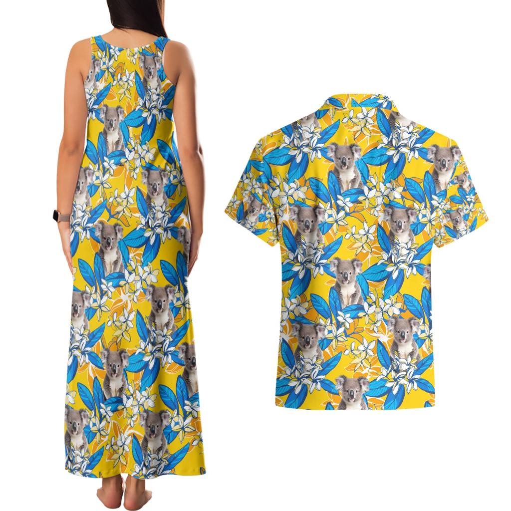 Koala Couples Matching Tank Maxi Dress and Hawaiian Shirt Plumeria Flowers