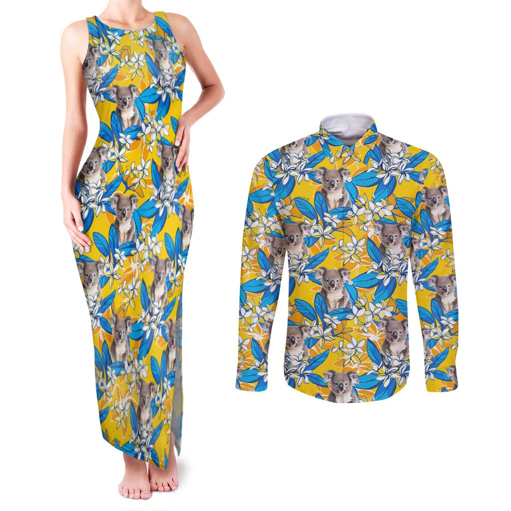 Koala Couples Matching Tank Maxi Dress and Long Sleeve Button Shirt Plumeria Flowers