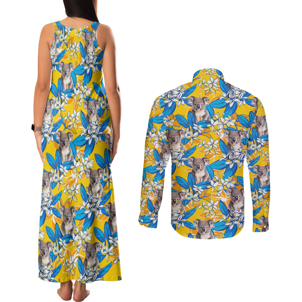 Koala Couples Matching Tank Maxi Dress and Long Sleeve Button Shirt Plumeria Flowers