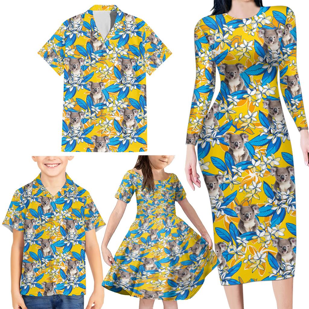 Koala Family Matching Long Sleeve Bodycon Dress and Hawaiian Shirt Plumeria Flowers