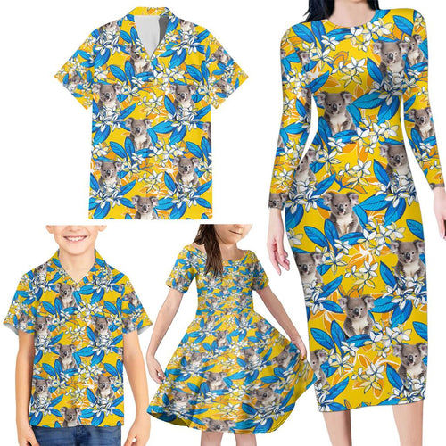 Koala Family Matching Long Sleeve Bodycon Dress and Hawaiian Shirt Plumeria Flowers