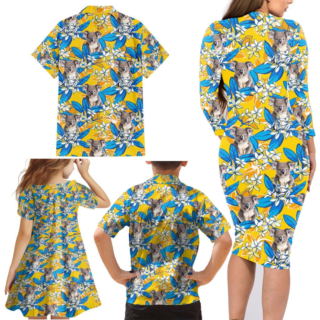 Koala Family Matching Long Sleeve Bodycon Dress and Hawaiian Shirt Plumeria Flowers