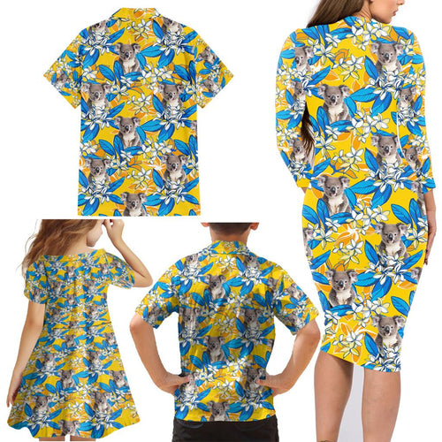 Koala Family Matching Long Sleeve Bodycon Dress and Hawaiian Shirt Plumeria Flowers