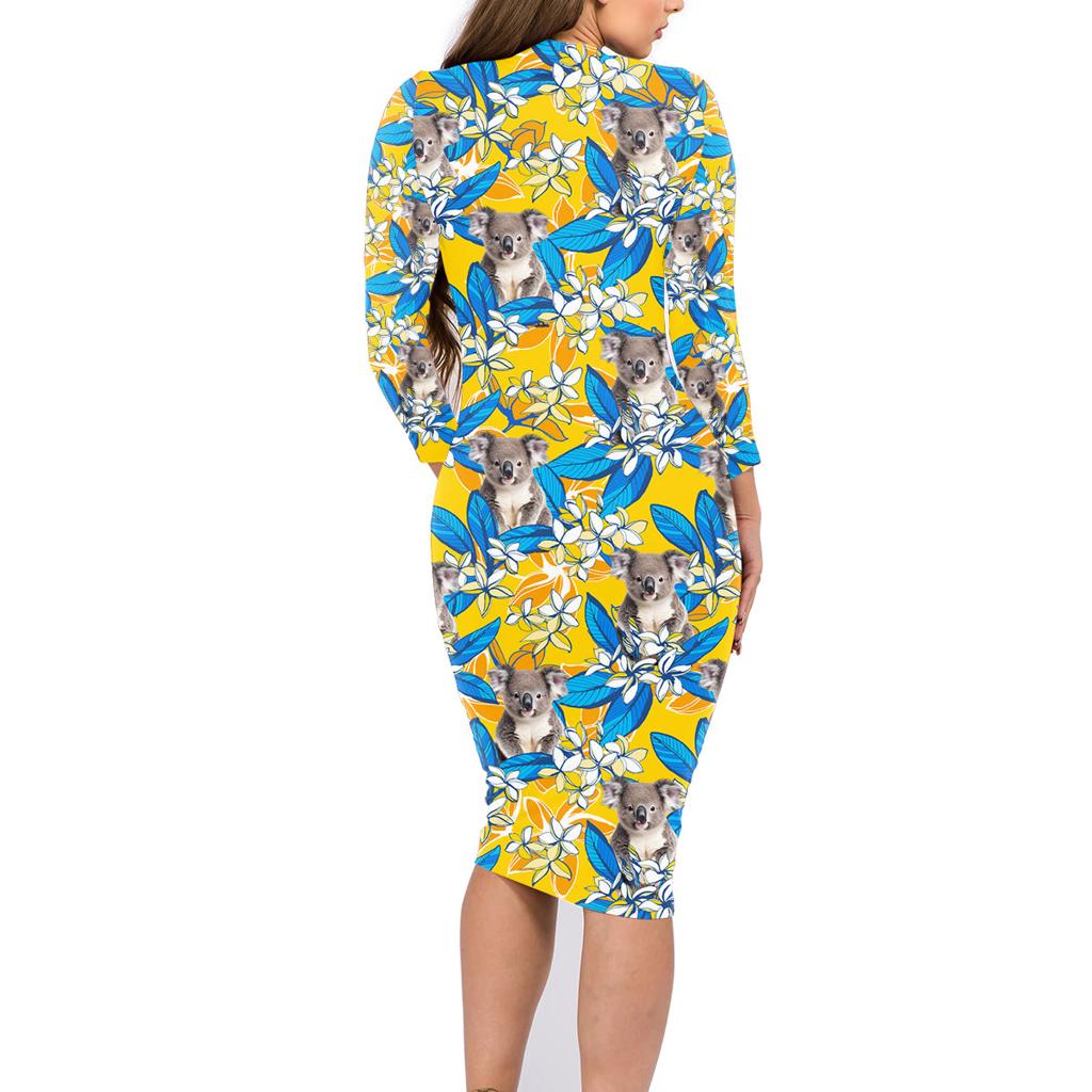 Koala Family Matching Long Sleeve Bodycon Dress and Hawaiian Shirt Plumeria Flowers