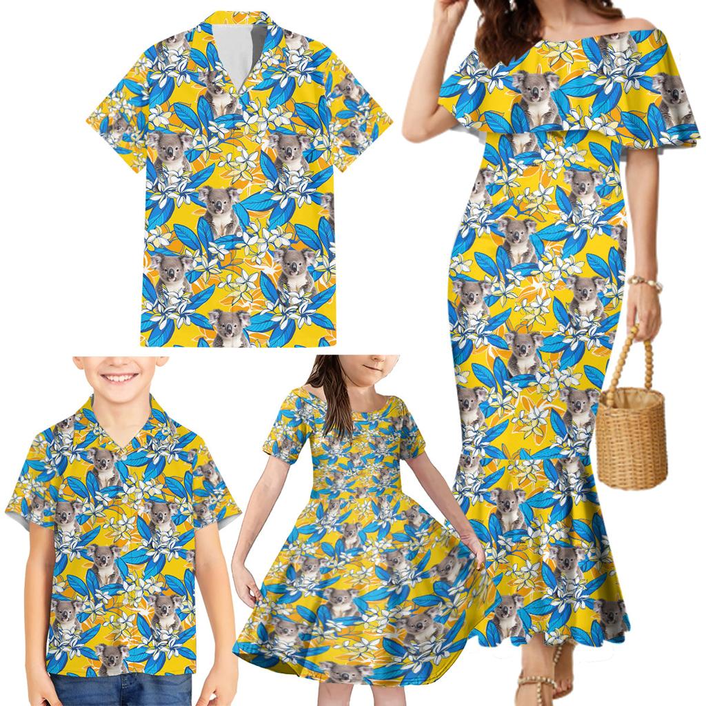 Koala Family Matching Mermaid Dress and Hawaiian Shirt Plumeria Flowers