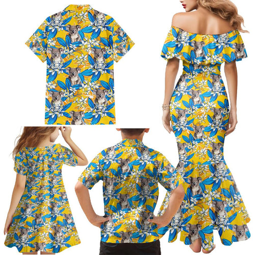 Koala Family Matching Mermaid Dress and Hawaiian Shirt Plumeria Flowers