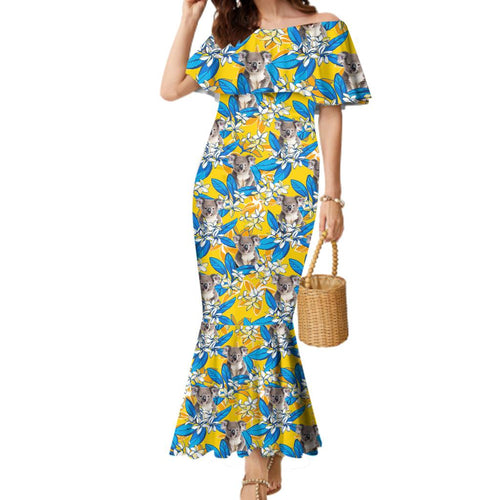 Koala Family Matching Mermaid Dress and Hawaiian Shirt Plumeria Flowers