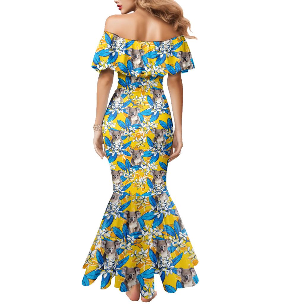 Koala Family Matching Mermaid Dress and Hawaiian Shirt Plumeria Flowers