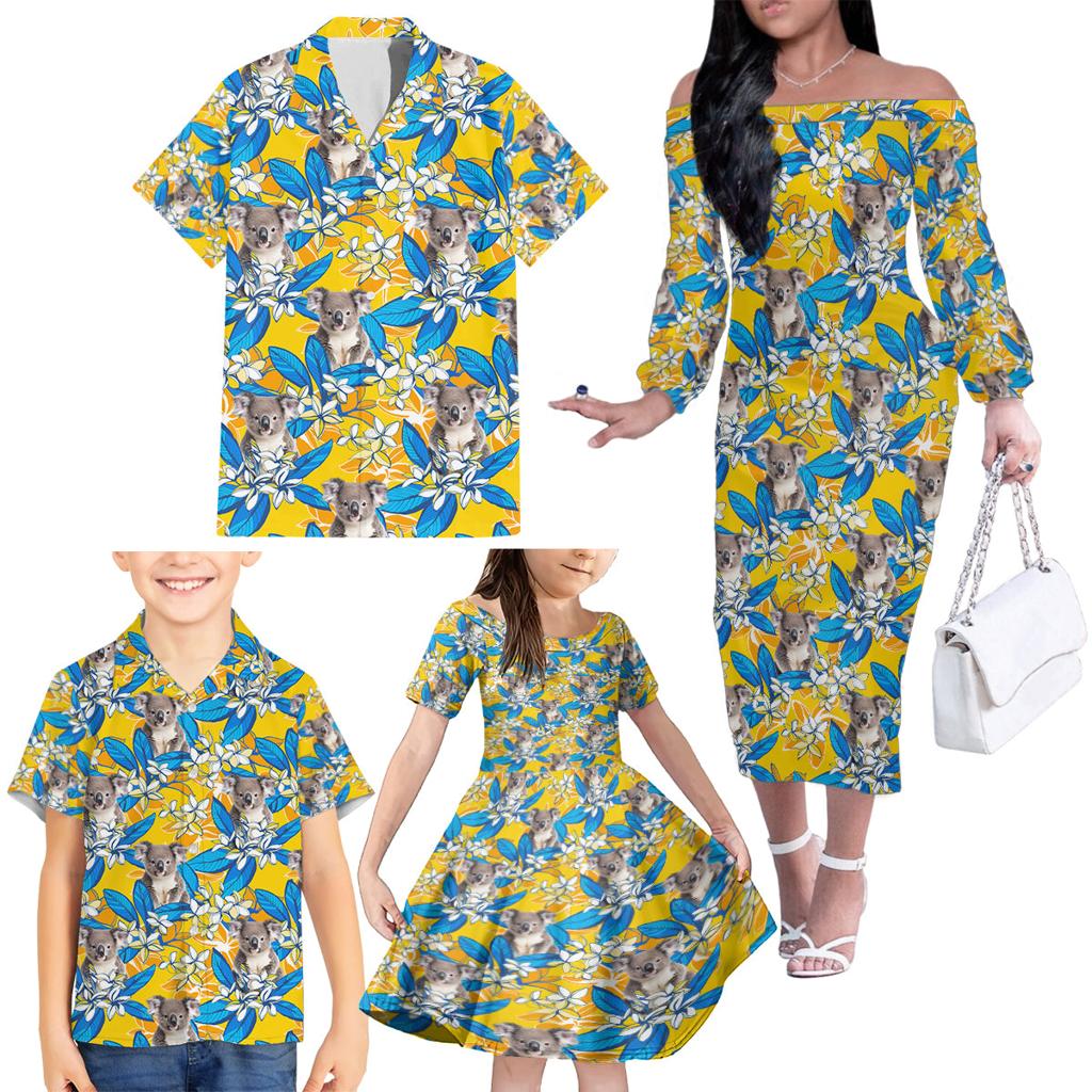 Koala Family Matching Off The Shoulder Long Sleeve Dress and Hawaiian Shirt Plumeria Flowers