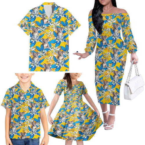 Koala Family Matching Off The Shoulder Long Sleeve Dress and Hawaiian Shirt Plumeria Flowers