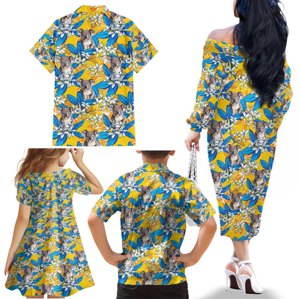Koala Family Matching Off The Shoulder Long Sleeve Dress and Hawaiian Shirt Plumeria Flowers