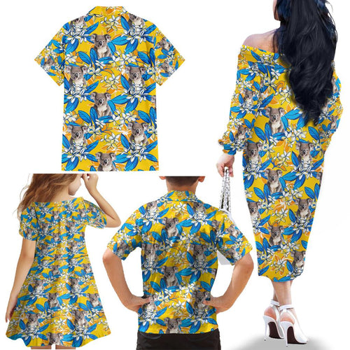Koala Family Matching Off The Shoulder Long Sleeve Dress and Hawaiian Shirt Plumeria Flowers