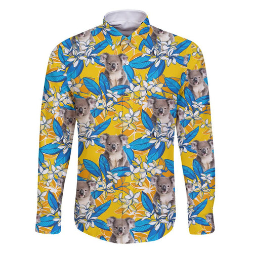 Koala Family Matching Off The Shoulder Long Sleeve Dress and Hawaiian Shirt Plumeria Flowers