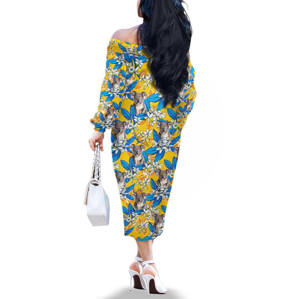 Koala Family Matching Off The Shoulder Long Sleeve Dress and Hawaiian Shirt Plumeria Flowers